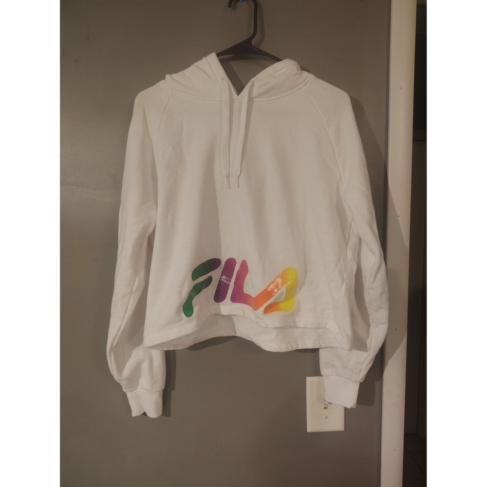 Fila Womens White Cropped Hoodie Rainbow Gradient Logo Fleece Pullover Large